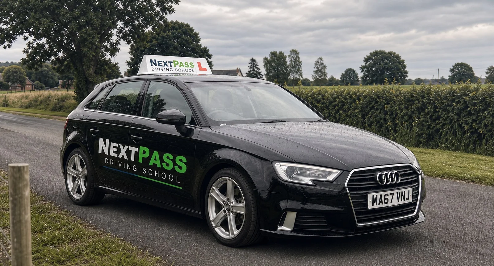 NextPass Driving School learner car with branded doors and roof board in Manchester